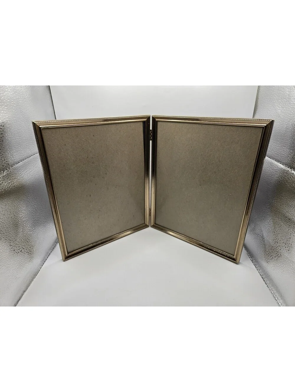 Vintage Gold Tone Metal Double 8x10 Picture Frame Bi Fold Hinged MCM Desktop